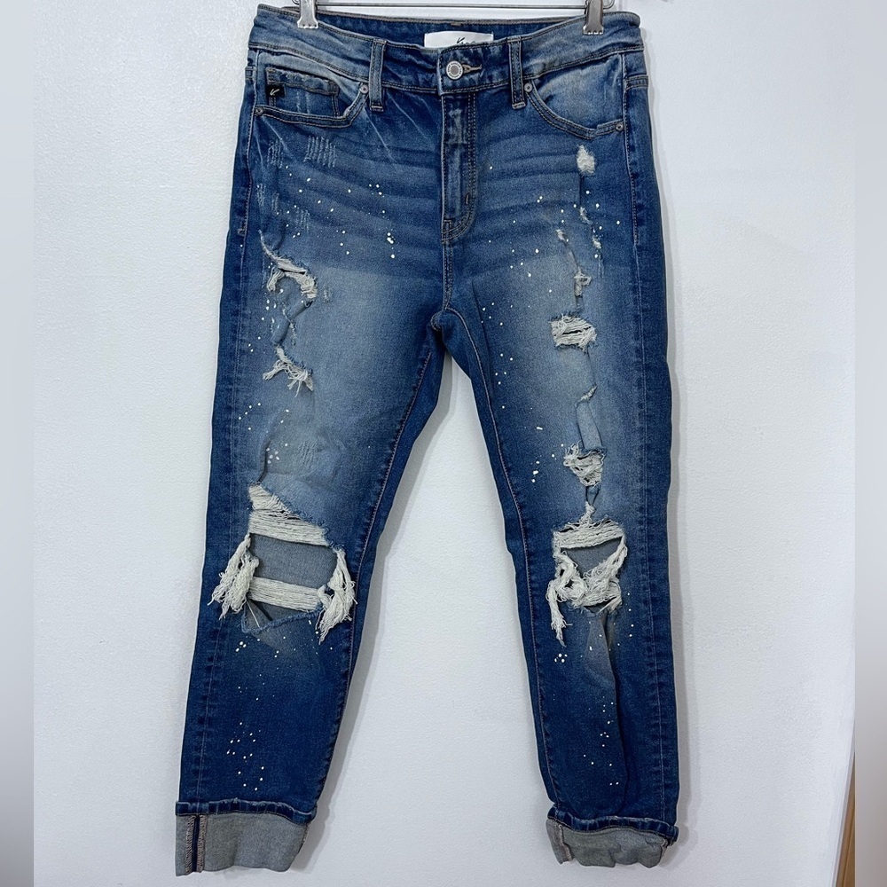 Kancan Skinny Jeans Womens 7/27 Blue Estilo Med. Wash Mid-Rise Distressed Spots